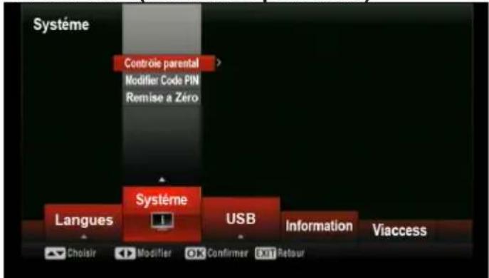 Système Controïe parental Modifier Code PIN Remise a Zéro Système Langues USB Information Viaccess Choisir Modifier OK Confirmer Exit Retour
