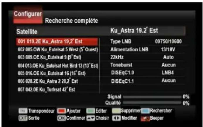 Configurer Recherche complète Satellite 001 019.2E Ku_Astra 19,2° Est 002 005.OW Ku_Eutelsat 5 West (5° Ouest) 003 009.OE Ku_Eutelsat 9 (9° Est) 004 013.OE Ku_Eutelsat Hot Bird 13 (13° Est) 005 016.OE Ku_Eutelsat 16 (16° Est) 006 028.2E Ku_Astra 2 28,2° Est 007 042.OE Ku_Turksat 42° Est Ku_Astra 19.2° Est Type LNB 09750/10600 Alimentation LNB 13/18V 22kHz Auto Toneburst Aucun DISEqC1.0 LNB4 DISEqC1.1 Aucun Signal 0% Qualité 0% Transpondeur Ajouter Editor Supprimer_Recherer Exit Sortie OK Confirmer Choisir Modifier_Beeper
