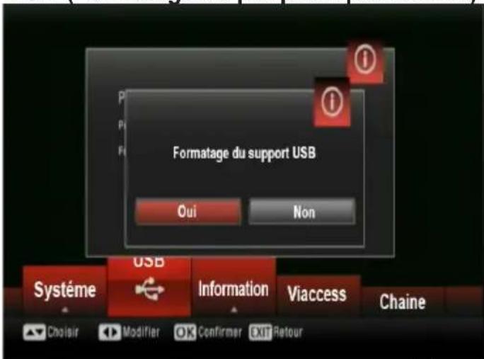Formatage du support USB Oui Non Système USB Information Viaccess Chaine Choir Modifier OK Confirmer Exit Retour