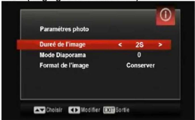 Paramètres photo Dureé de l'image < 2S > Mode Diaporama 0 Format de l'image Conserver Choisir Modifier EXIT Sortie