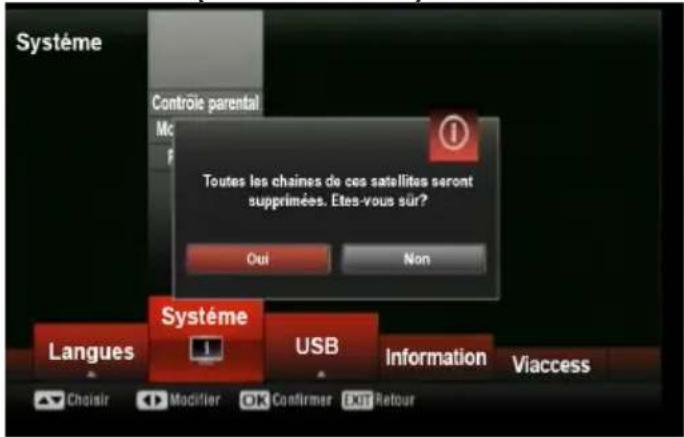 Système Contrôie parental Mc Toutes les chaînes de ces satellites seront supprimées. Etés-vous sûr? Oui Non Système Langues USB Information Viaccess Choisir Modifier OK Confirmer Exit Retour