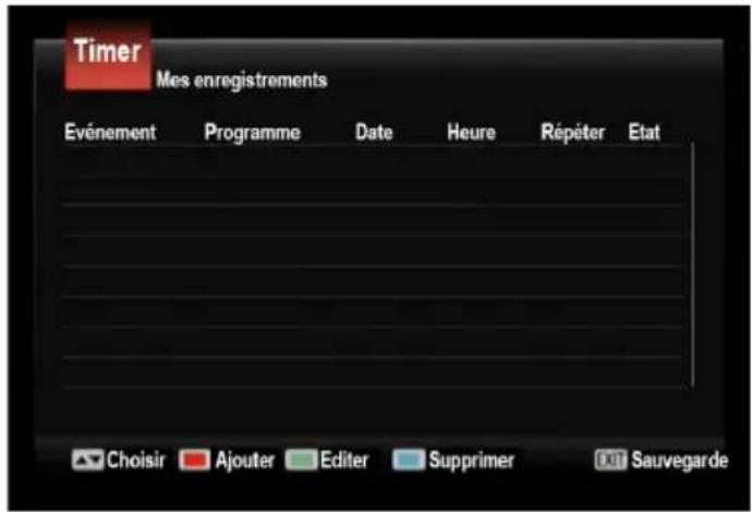 Timer Mes enregistrements Evénement Programme Date Heure Répéter Etat Choisir Ajouter Editer Supprimer 001 Sauvegarde