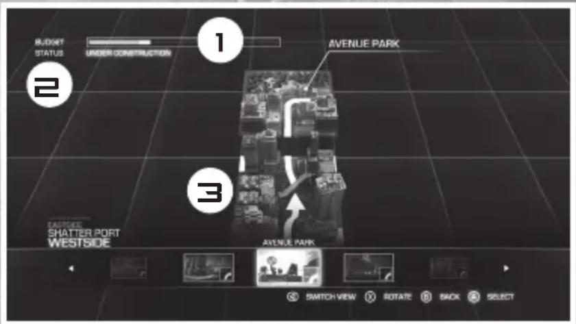 BUDGET STATUS UNDER CONSTRUCTION 1 AVENUE PARK 2 3 EASTRICE SHATTER PORT WESTSIDE AVENUE PARK SWITCH VIEW ROTATE BACK SELECT