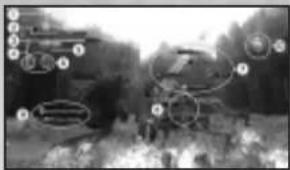 Black-and-white photo of a military vehicle with numbered annotations pointing to key locations in a forested area.