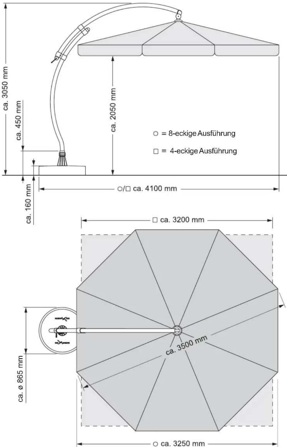 Sun Garden Easy Parasol - Platzbedarf des Ampelschirmes - 1