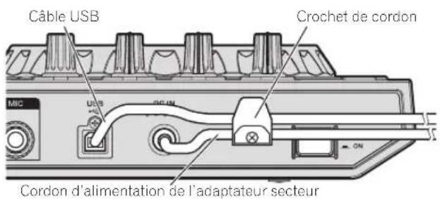 PIONEER DDJRR - Accrochez le cable USB sur le haut du crochet de cordon et le cordon d'alimentation de l'adaptateur secteur sur le bas. - 1