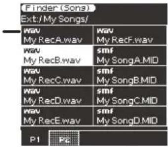 (Finder (Songs) Ext:/ My Songs/ WAV My RecA.wav WAV My RecB.wav WAV My RecC.wav WAV My RecD.wav WAV My RecE.wav WAV My RecF.wav smf My SongA.MID smf My SongB.MID smf My SongC.MID smf My SongD.MID P1 P2