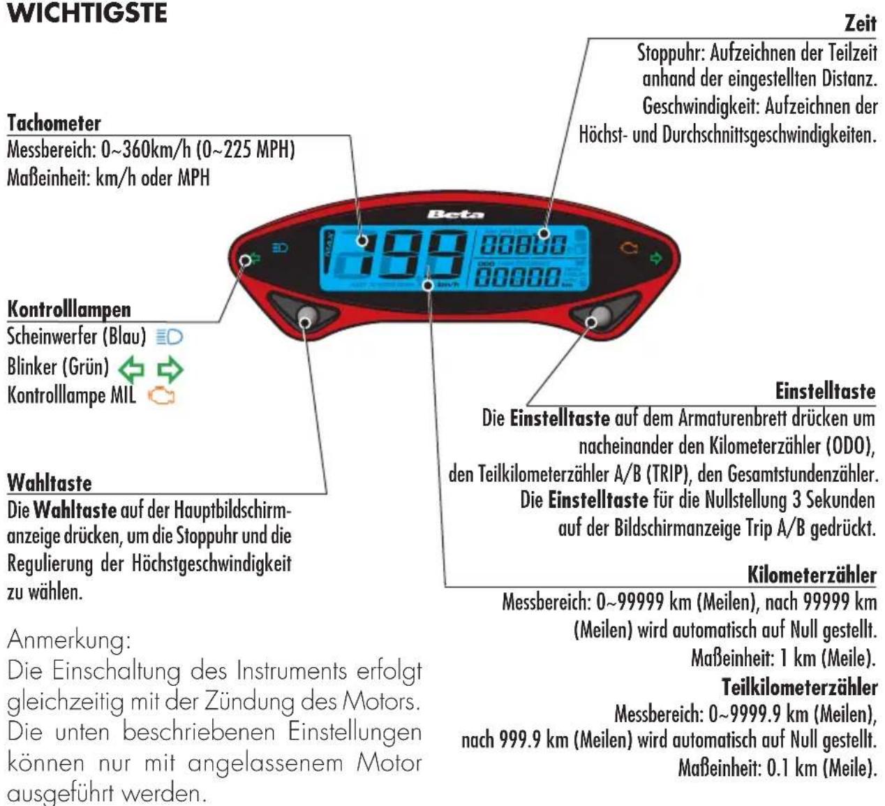 Beta EVO 300 SS (2018) - BEDIENUNGSANLEITUNG KIKOMETERZÄHLER WICHTIGSTE - 1