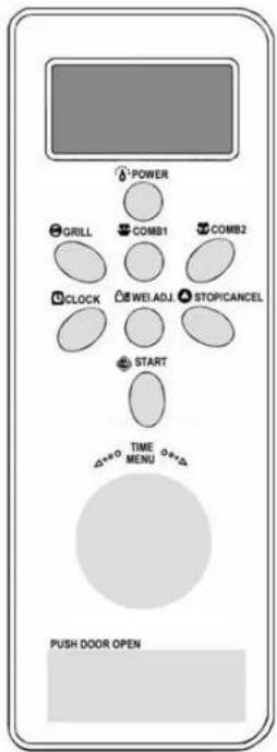 POWER GRILL COMB1 COMB2 CLOCK WEI.ADJ STOPCANCEL START TIME MENU PUSH DOOR OPEN