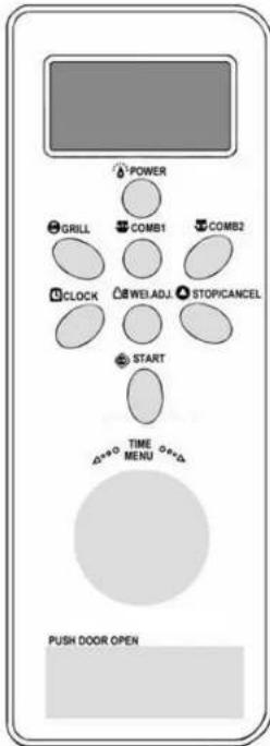 POWER GRILL COMB1 COMB2 CLOCK WEI ADJ STOPICANCEL START TIME MENU PUSH DOOR OPEN