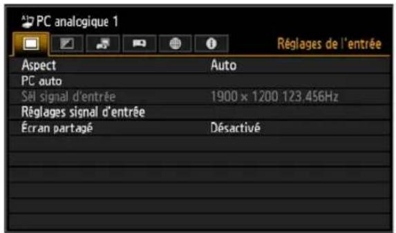 CANON REALiS WUX6010 - 2Appuyez sur la touche MENU, puis sur les touches [◀] ▶ pour sélectionner l'onglet [Réglages de l'entrée]. - 1