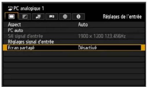 CANON REALiS WUX6010 - 3Utilisez les touches [ ] ▲[ ] pour sélectionner [Écran partagé], puis appuyez sur la touche OK. - 1