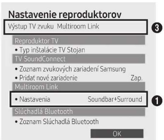 Nastavenie reproduktorov Výstup TV zvuku Multiroom Link Reproduktor TV • Typ inštalácie TV Stojan TV SoundConnect • Zoznam zvukových zariadení Samsung • Pridat nové zariadenie Zap. Multiroom Link • Nastavenia Soundbar+Surround Slúchadlá Bluetooth • Zoznam Slúchadlá Bluetooth OK