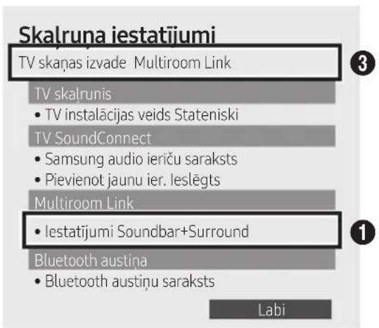 Skalruna iestatijumi TV skanas izvade Multiroom Link TV skalrunis • TV instalacijas veids Stateniski TV SoundConnect • Samsung audio ieriču saraksts • Pievienot jaunu ier. leslēgts Multiroom Link • Iestatijumi Soundbar+Surround Bluetooth austina • Bluetooth austinu saraksts Labī