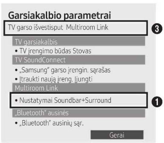 Garsiakalbio parametrai TV garso išvestisput Multiroom Link TV garsiakalbis • TV jrengimo būdas Stovas TV SoundConnect • „Samsung“ garso jrengin. sārašas • Itraukti naują jreng. ljungti Multiroom Link • Nustatymai Soundbar+Surround „Bluetooth“ ausinės • „Bluetooth“ ausinių sqr. Gerai