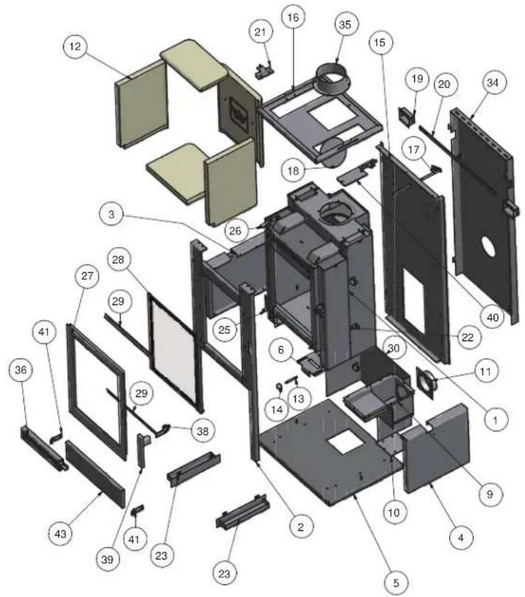 Exploded view diagram of a computer system with numbered components for identification