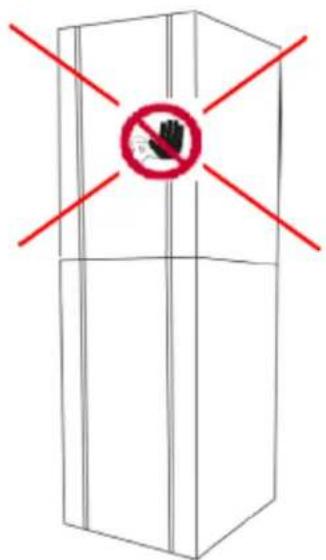 Diagram showing a 3D box with a prohibition symbol and red X marks, indicating no hand use or no liability.