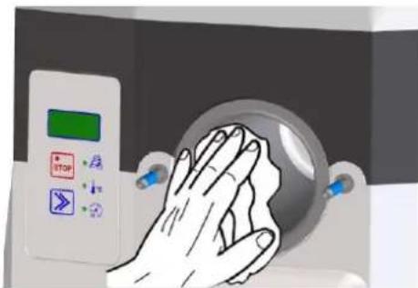 Illustration showing a hand pressing down on a medical device with stop and directional buttons, likely indicating emergency or emergency response.