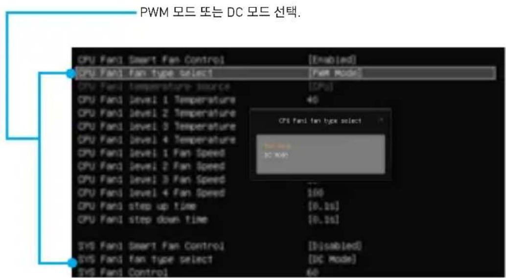 PWM 모드 또는 DC 모드 선택. CPU Fan1 Smart Fan Control [Enabled] CPU Fan1 Fan type select [FAN Mode] CPU Fan1 temperature source [CPU] CPU Fan1 level 1 Temperature 40 CPU Fan1 level 2 Temperature CPU Fan1 level 3 Temperature CPU Fan1 level 4 Temperature CPU Fan1 level 1 Fan Speed CPU Fan1 level 2 Fan Speed CPU Fan1 level 3 Fan Speed CPU Fan1 level 4 Fan Speed CPU Fan1 step up time [ISO] CPU Fan1 step down time [ISO] SYS Fan1 Smart Fan Control [Disabled] SYS Fan1 fan type select [DC Mode] SYS Fan1 Control 60