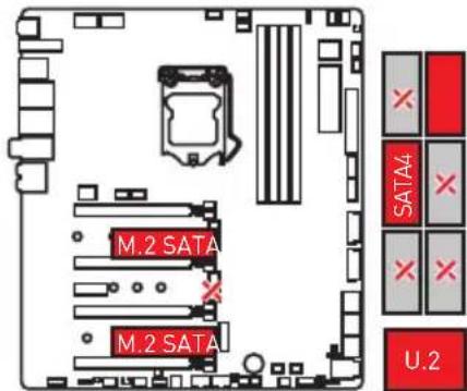 MSI MEG Z390 Godlike - M.2 Steckplätze mit Beispielen zu den verschiedenen Kombinationsmöglichkeiten - 4