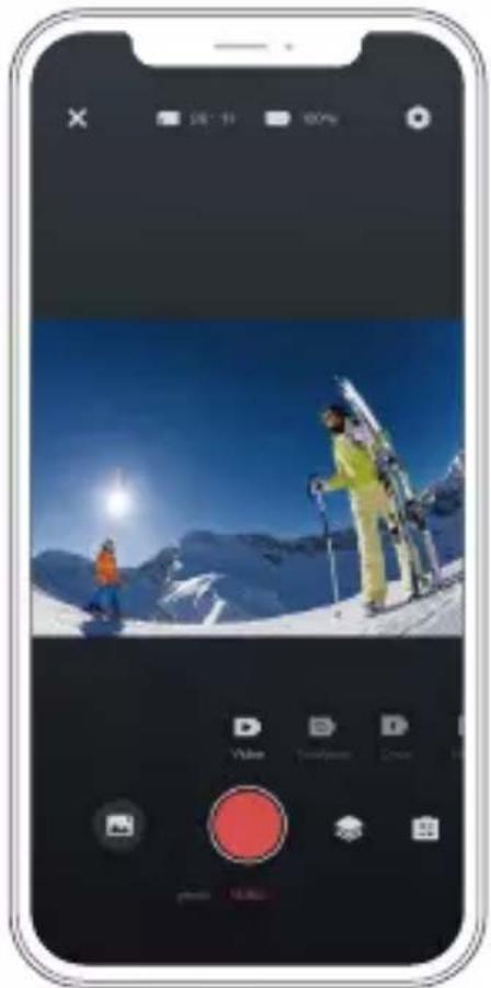 Mobile photo editing interface showing a snowy mountain scene with skiers and a red circular adjustment panel.