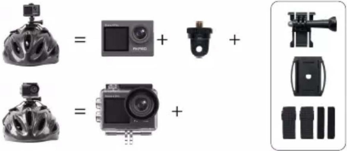 Diagram showing two cycling helmets with camera and a camera module, plus a separate view of the camera module and battery pack.