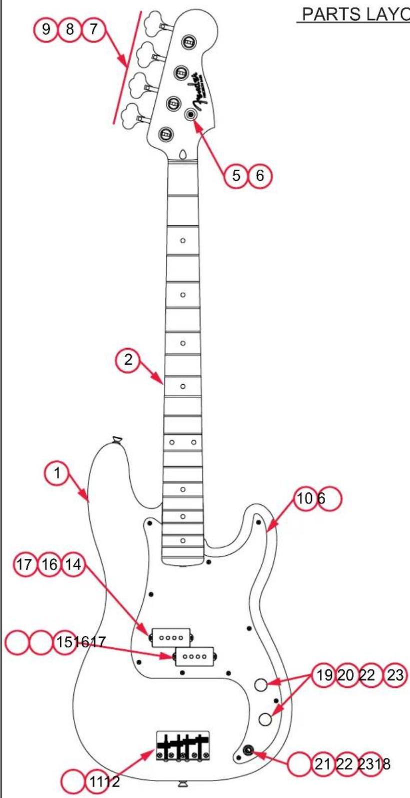 FENDER Vintera '50s Precision Bass - PARTS LAYOUT - 1