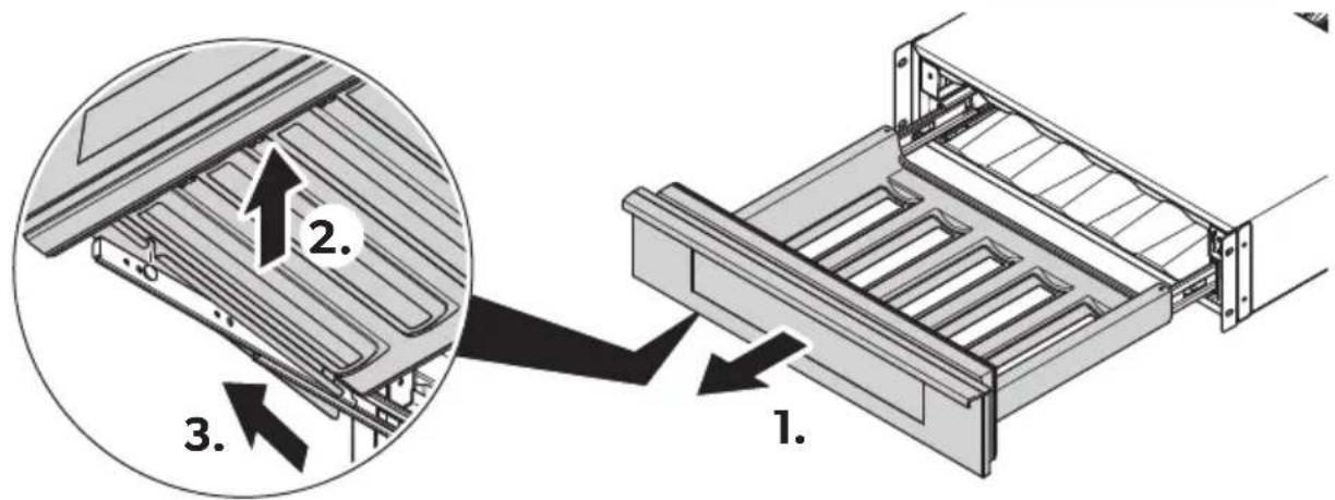 Technical diagram showing a mechanical assembly with numbered components and directional arrows indicating assembly steps.