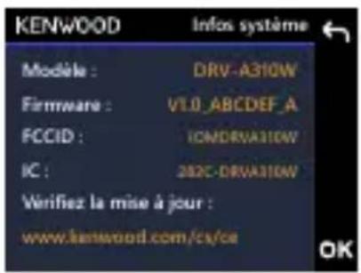 KENWOOD Infos système Modèle : DRV-A310W Firmware : V1.0_ABCDEF_A FCCID : ICMDRVA310W IC : 282C-DRVA316W Verifiez la mise à jour : www.kenwood.com/cs/ce
