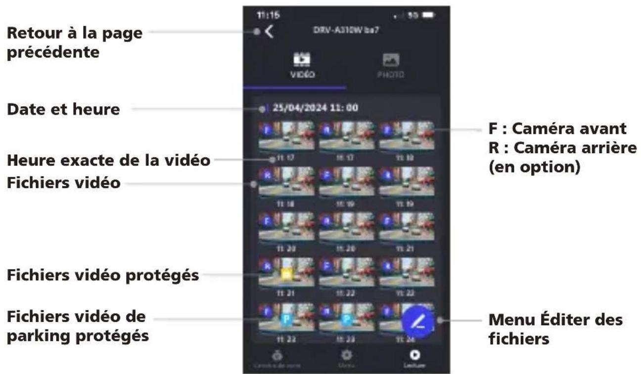 Retour à la page précédente Date et heure Heure exacte de la vidéo Fichiers vidéo Fichiers vidéo protégés Fichiers vidéo de parking protégés 25/04/2024 11:00 F : Caméra avant R : Caméra arrière (en option) Menu Éditer des fichiers