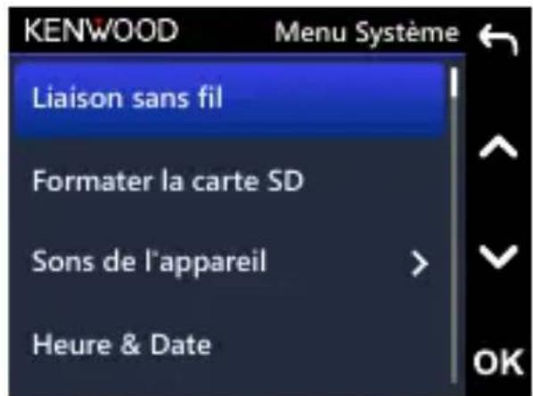 KENWOOD Menu Système Liaison sans fil Formater la carte SD Sons de l'appareil Heure & Date