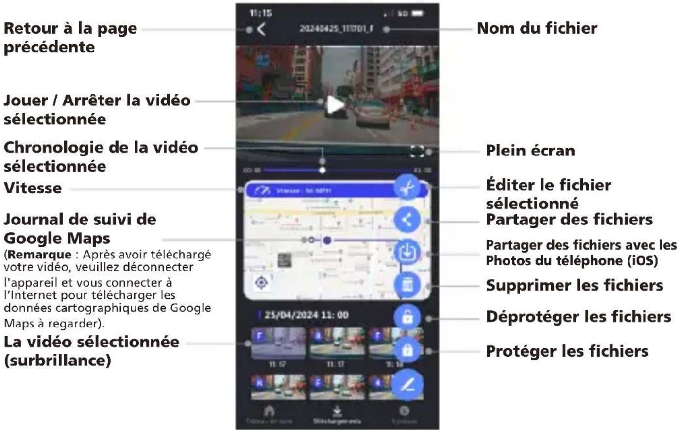Retour à la page précédente Jouer / Arrêter la vidéo sélectionnée Chronologie de la vidéo sélectionnée Vitesse Journal de suivi de Google Maps (Remarque : Après avoir téléchargé votre vidéo, veuillez déconnecter l'appareil et vous connecter à l'Internet pour télécharger les données cartographiques de Google Maps à regarder). La vidéo sélectionnée (surbrillance) Nom du fichier Plein écran Éditer le fichier sélectionné Partager des fichiers Partager des fichiers avec les Photos du téléphone (iOS) Supprimer les fichiers Déprotéger les fichiers Protéger les fichiers