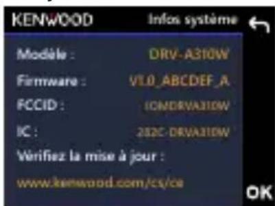 KENWOOD Infos système Modèle : DRV-A310W Firmware : VLO_ABCDEF_A FCCID : IOMDRV310W IC : 202C-DRVA310W Verifiez la mise à jour : www.kenwood.com/cs/ca