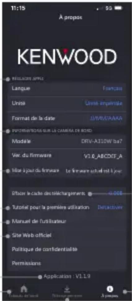11:15 A propos KENWOOD RESELLS DES APLI Langue Français Unise Unise empatriale Format de la date JNVR/ATAKA INFORMATIONS SUR LA CAMERA DE BOED Modele DRV-AJ10W ba7 Vec. du firmware V3.0_ABCDEF_A Make a jour du firmware Le firmware actual incl your Officer le cadre des téléchargements 4.000 Tutorial pour la première utilisation Déactiver Manuel de l'utilisateur Site Web officiel Politique de confidentialité Permissions Application : V1.1.9