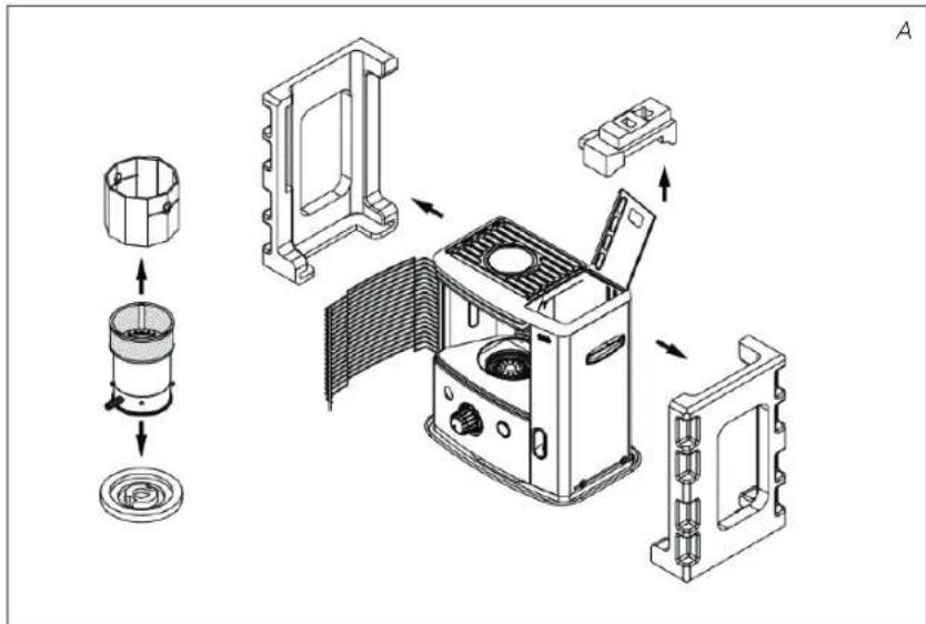 Technical diagram of a microwave oven assembly with labeled components and directional arrows indicating assembly steps.