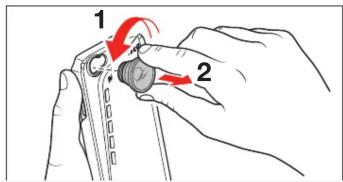 Diagram showing two hands holding a tool with labeled parts and directional arrows indicating motion or movement.