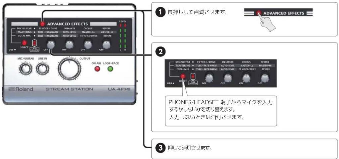 ADVANCED EFFECTS LEVEL MIC/GUITAR • FX VOICE / DRIVE MASTERING • TUBE -FATA/WARM TOTAL MIX • TUBE -FATA/WARM SELECT OFF OFF OFF OFF OFF OFF L R MIC/GUITAR LINE IN OUTPUT ON AIR LOOP-BACK Roland STREAM STATION UA-4FXII 1 長押しして点滅させます。 ADVANCED EFFECTS 2 MIC/GUITAR • FX VOICE / DRIVE MASTERING • TUBE -FATA/WARM TOTAL MIX • TUBE -FATA/WARM PHONES/HEADSET 端子からマイクを入力するかしないかを切り替えます。 入力しないときは消灯させます。 3 押して消灯させます。
