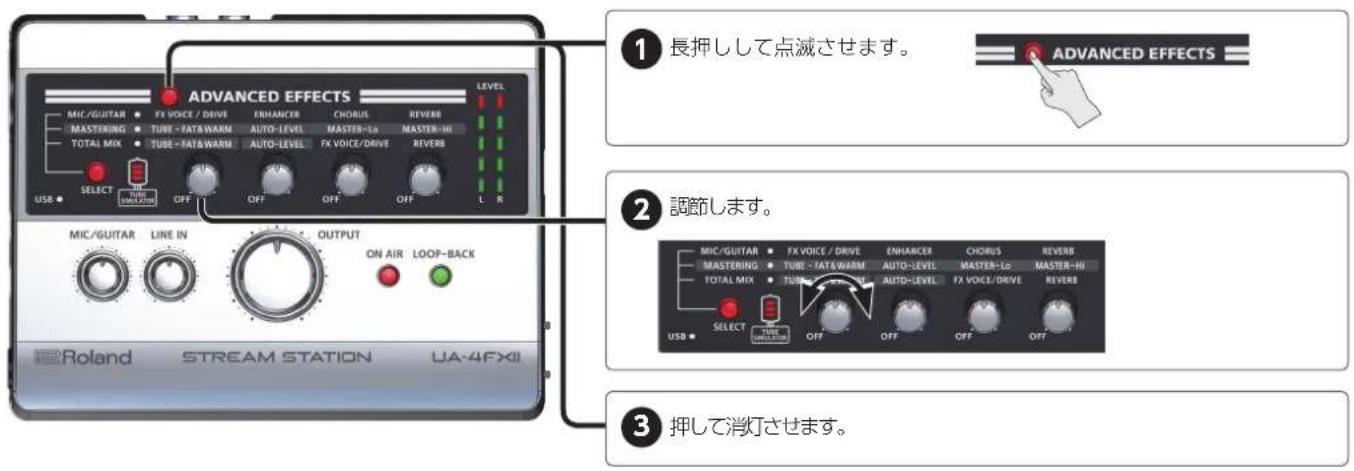 ADVANCED EFFECTS LEVEL MIC/GUITAR FX VOICE / DRIVE ENHANCER CHORUS REVERB MASTERING TUBE - DATA/WARM AUTO-LEVEL MASTER-UG MASTER-HI TOTAL MIX TUBE - DATA/WARM AUTO-LEVEL FX VOICE/DRIVE REVERB USE SELECT AUTO SMALL/SMALL/SMALL OFF OFF OFF OFF L N MIC/GUITAR LINE IN OUTPUT ON AIR LOOP-BACK USB STREAM STATION UA-4FXII 1 長押しして点滅させます。 ADVANCED EFFECTS 2 調節します。 MIC/GUITAR FX VOICE / DRIVE ENHANCER CHORUS REVERB MASTERING TUBE - DATA/WARM AUTO-LEVEL MASTER-UG MASTER-HI TOTAL MIX TUBE - DATA/WARM AUTO-LEVEL FX VOICE/DRIVE REVERB USB SELECT AUTO SMALL/SMALL/SMALL OFF OFF OFF OFF OFF 3 押して消灯させます。