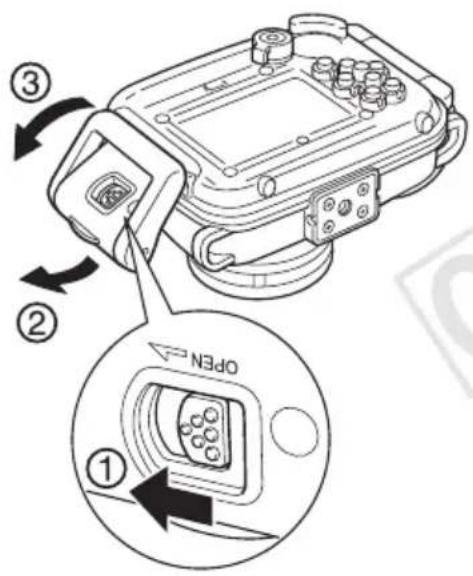 CANON PowerShot SD770 IS - 2Faites glisser le bouton de verrouillage comme indiqué sur l'illustration et librez le cliquet pour ouvrir le volet arrière. Retirez l'appareil photo du boitier. - 1