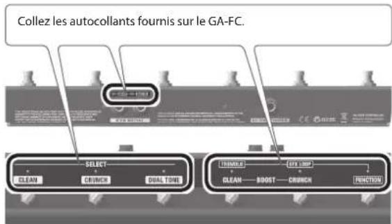 Collez les autocollants fournis sur le GA-FC. SELECT CLEAN — CHUNCH — DUAL TONE TRIMBLE — CRY LIMP CLEAN — BOOST — CHUNCH — FUNCTION