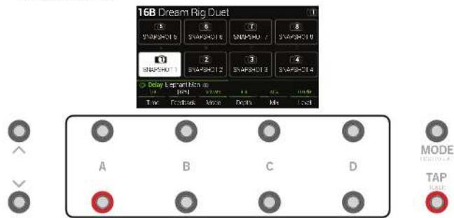LINE 6 Helix LT - Appuyez simultanément sur BANK ∧ et BANK ∨ pour passer en mode Snapshot. - 1