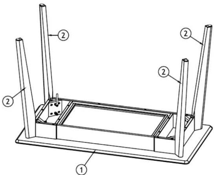 Technical diagram of a structural frame with labeled components, showing supports and internal components.