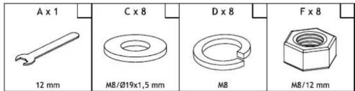 A x 1 12 mm C x 8 M8/Ø19x1,5 mm D x 8 M8 F x 8 M8/12 mm