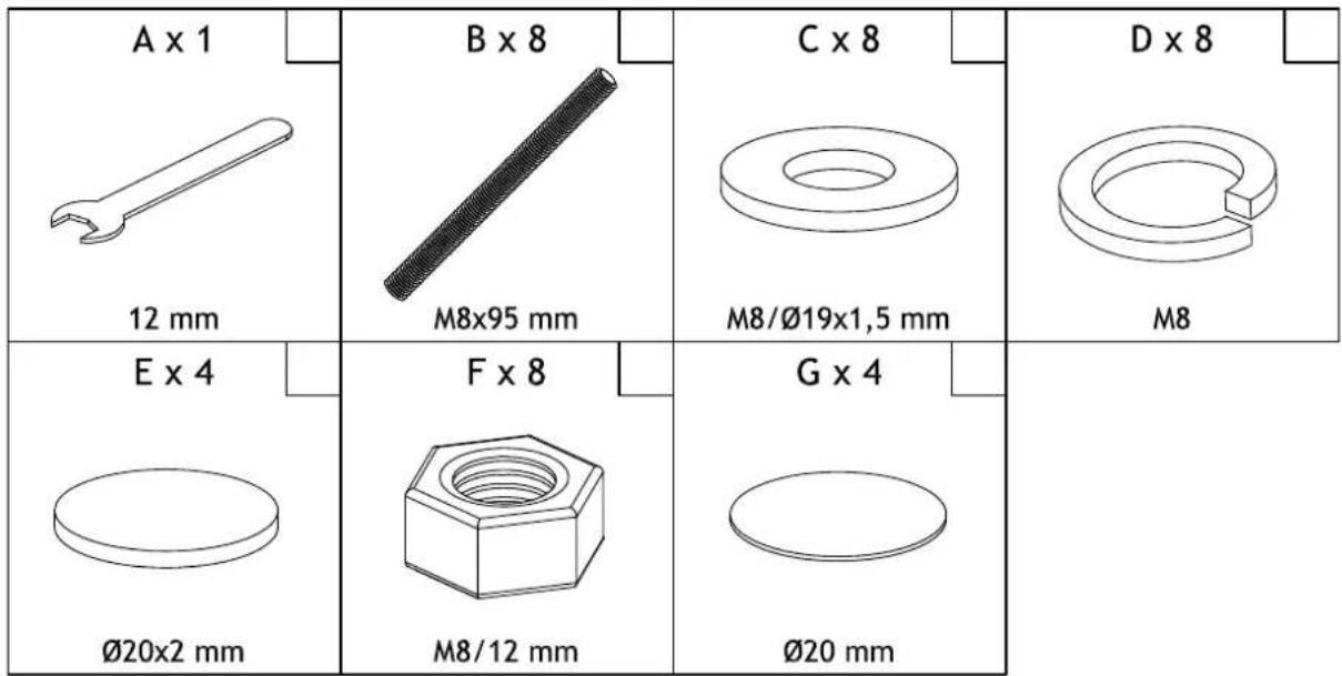 A x 1 12 mm B x 8 M8x95 mm C x 8 M8/Ø19x1,5 mm D x 8 M8 E x 4 Ø20x2 mm F x 8 M8/12 mm G x 4 Ø20 mm
