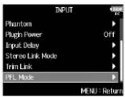ZOOM F8n - Avec ⚙, sélectionnez PFL Mode (mode d'écoute préfader), et pressez ↑. - 1