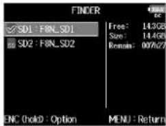 ZOOM F8n - Avec ⚙, sélectionnez le dossier ou la carte SD pour lequel vous souhaitez créer un rapport audio, et pressez et maintenez ⚙. - 1