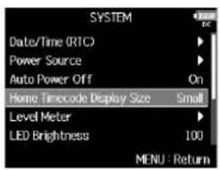ZOOM F8n - Avec ⚙, sélectionnez Home Timecode Display Size (taille du timecode en écran d'accueil), et pressez ⚠. - 1