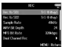 ZOOM F8n - Avec sélectionnez Rec to SD1 ou Rec to SD2 (enregistrer sur carte SD1/SD2), et pressez - 1