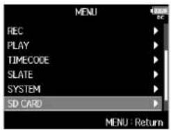 ZOOM F8n - Avec , sélectionnez SD CARD (carte SD), et pressez - 1