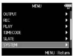 ZOOM F8n - Avec ⬤, sélectionnez SYSTEM (système), et pressez ↑. - 1